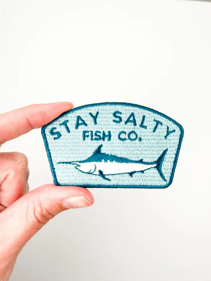 Stay Salty Fish Co. embroidered iron on patch, blue marlin design, 1.75x3 inches
