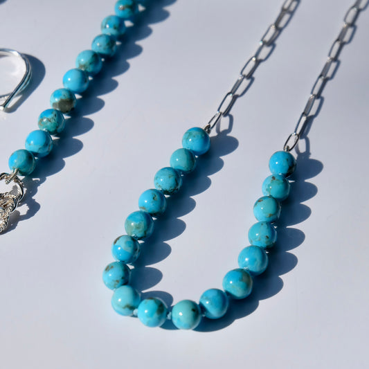 Handmade sterling silver paperclip necklace with Kingman turquoise and custom-dyed aquamarine silk