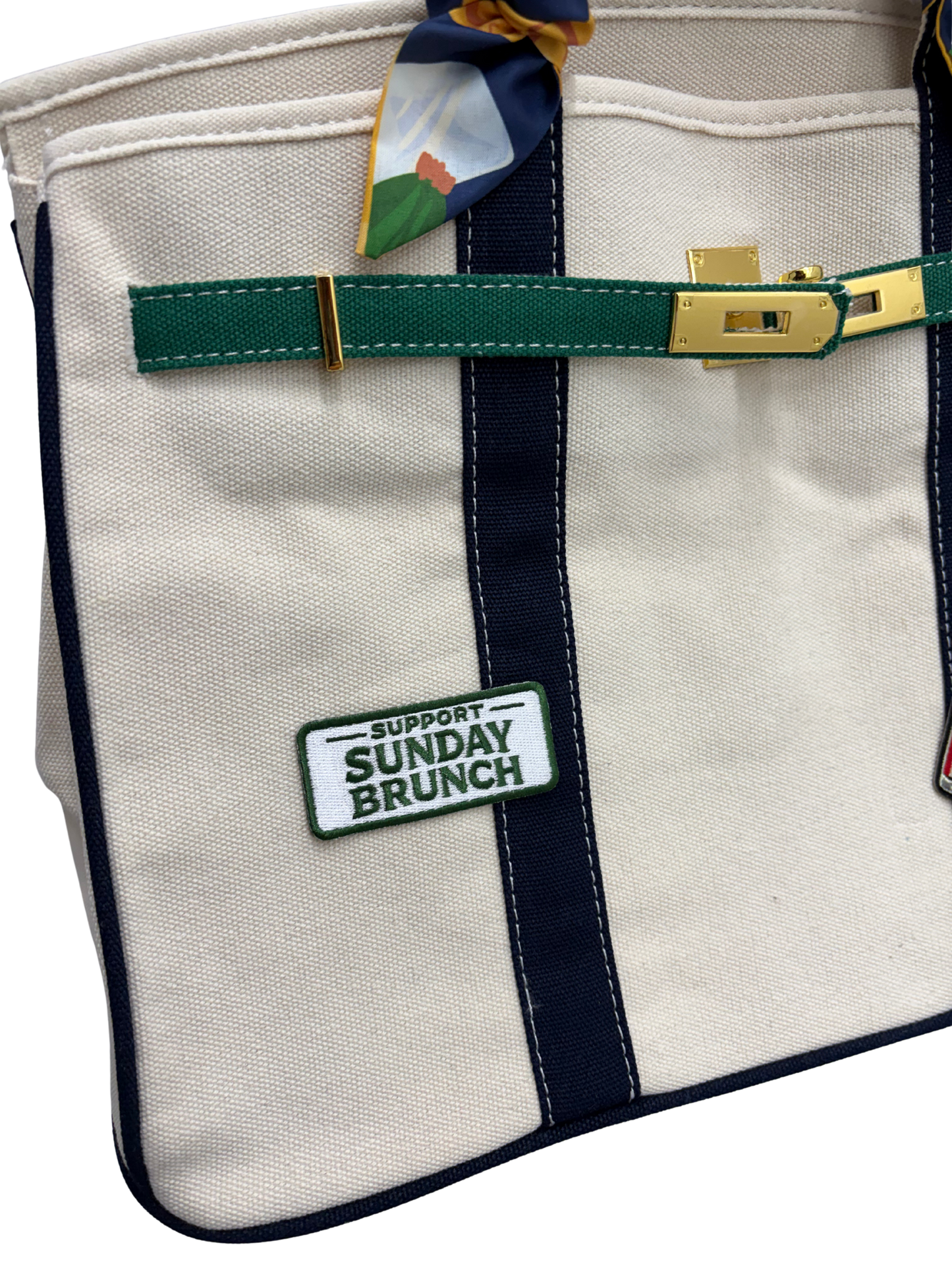 Close up of Sunday Brunch Boatkin tote with iron on patches