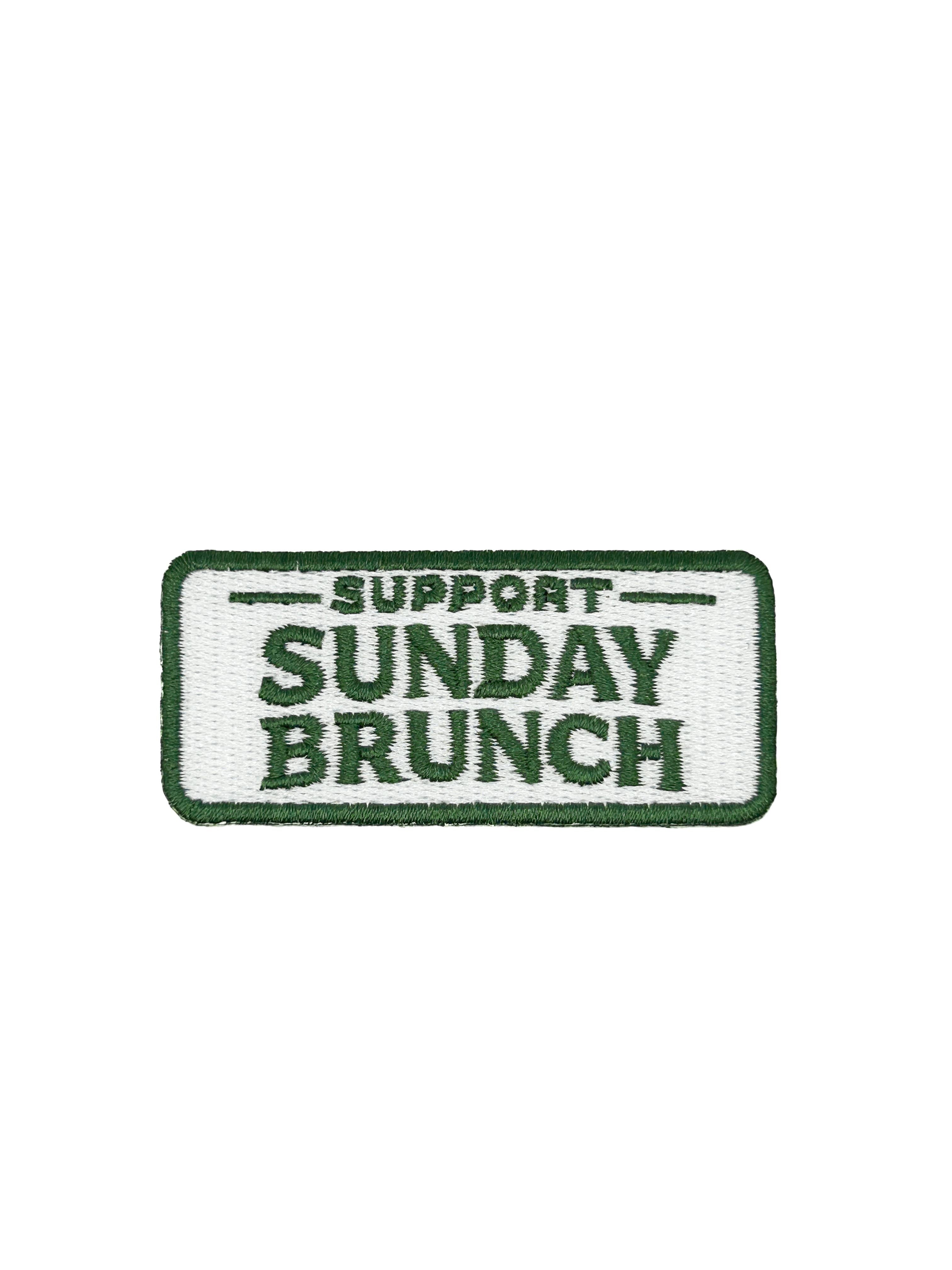 Support Sunday Brunch embroidered iron on patch, green lettering, 1.25x2.75 inches