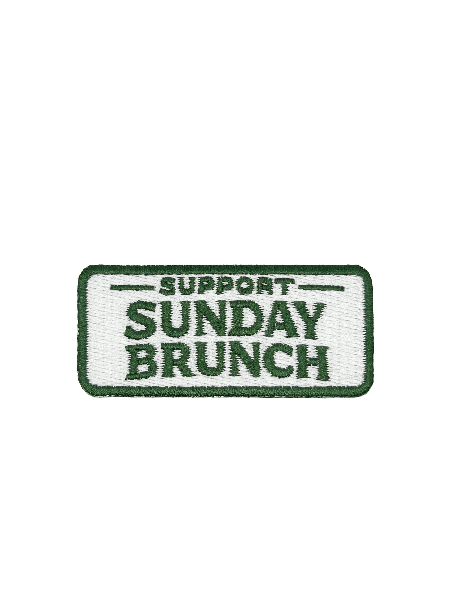 Support Sunday Brunch embroidered iron on patch, green lettering, 1.25x2.75 inches