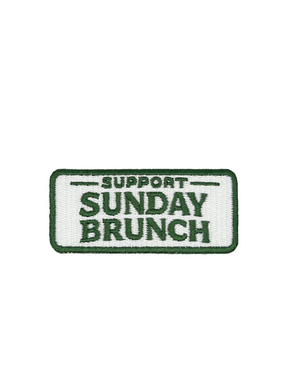 Support Sunday Brunch embroidered iron on patch, green lettering, 1.25x2.75 inches