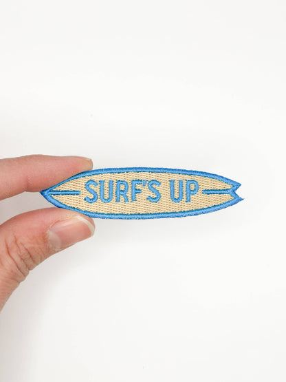 Surf's Up surfboard embroidered iron on patch in blue and cream