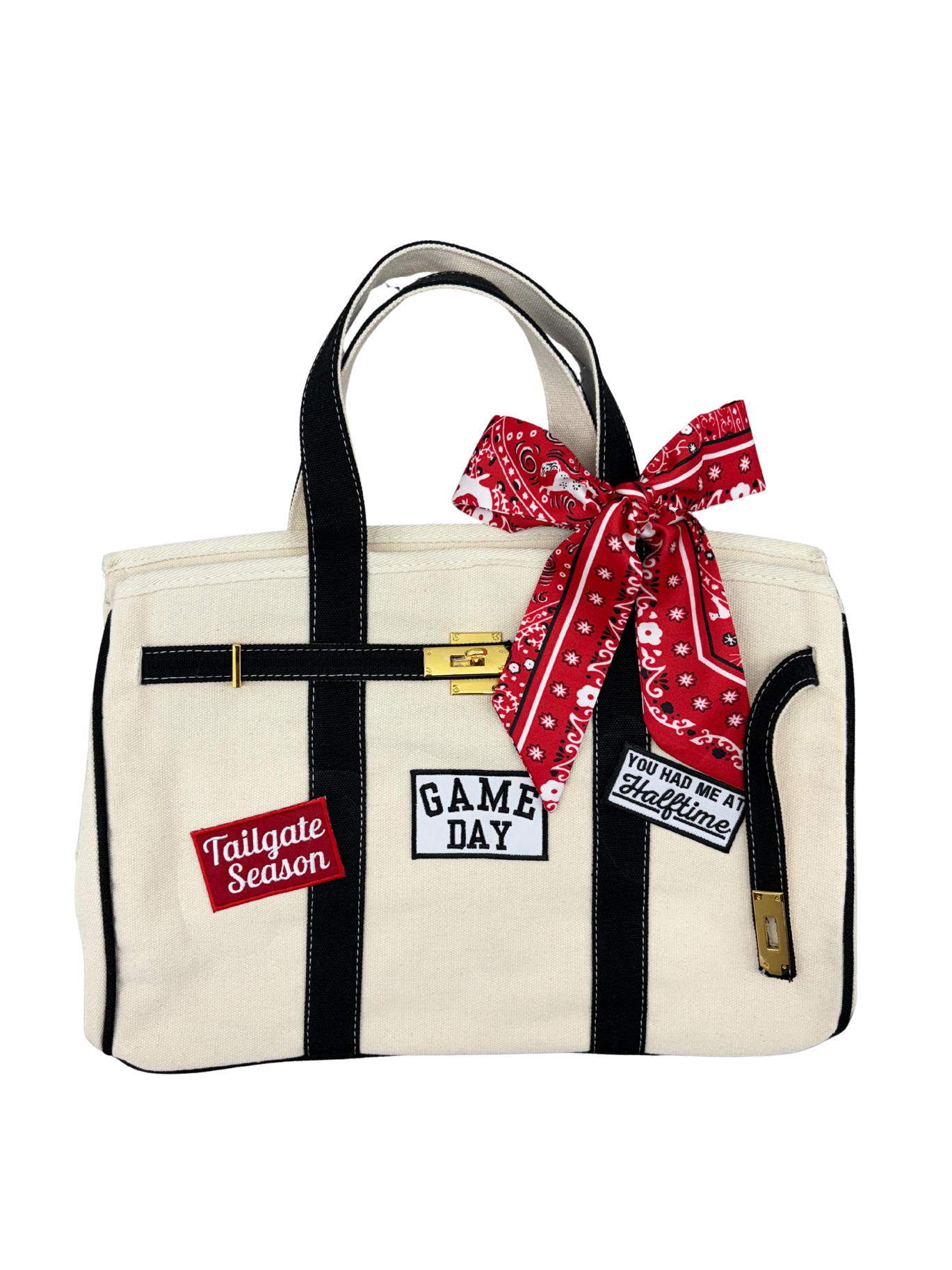 Texas Tech collegiate football tote featuring a red and black paisley twilly scarf bow, gold lock, and custom game day iron on patches.