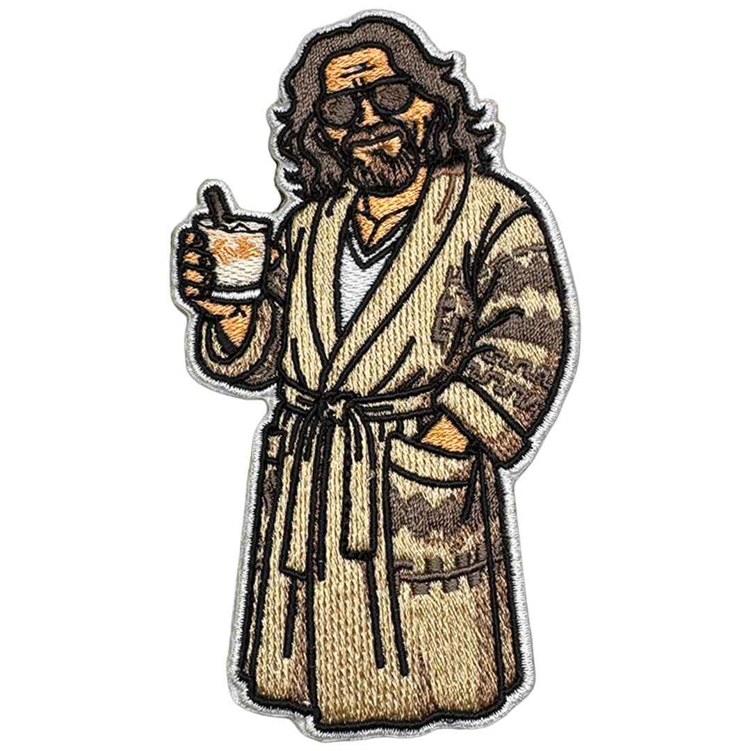 The Dude embroidered iron-on patch in bathrobe and sunglasses holding a White Russian