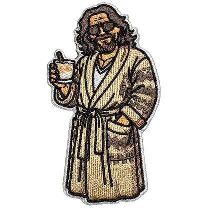 The Dude embroidered iron-on patch in bathrobe and sunglasses holding a White Russian
