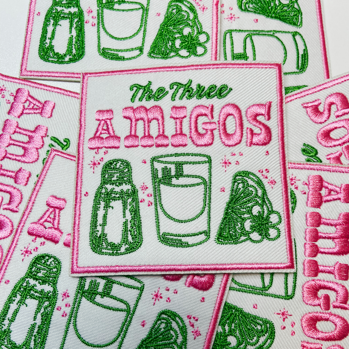 The Three Amigos chenille patch with soft raised varsity texture, 3 inches