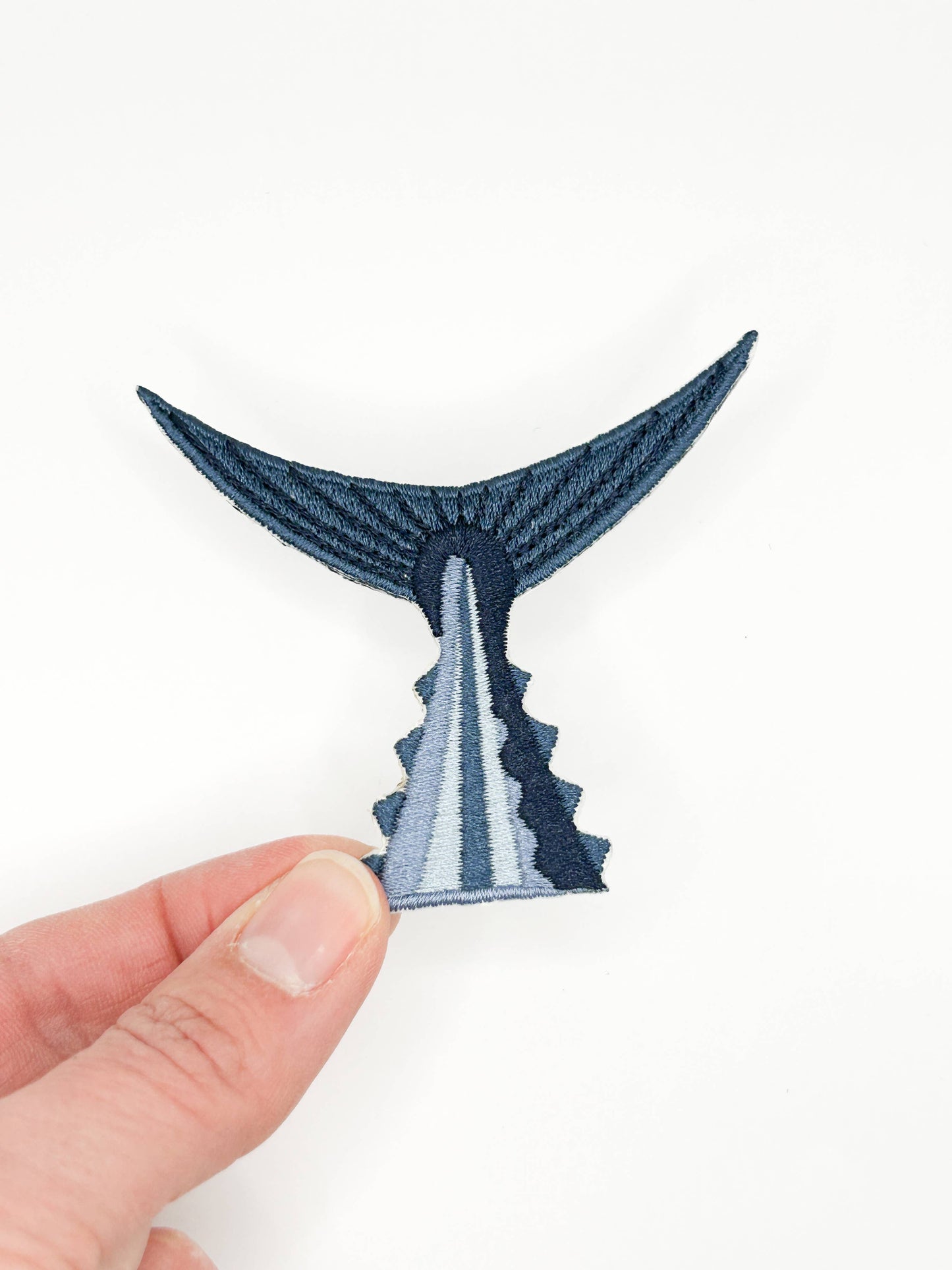 Tuna Tail embroidered iron on patch, blue and navy, 2.5x2.75 inches