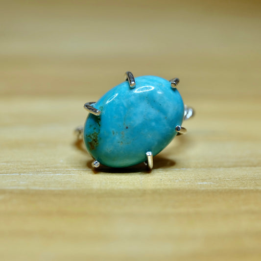 Turquoise ring with sterling silver and natural Kingman stone, braided band, featuring boho and Southwest style