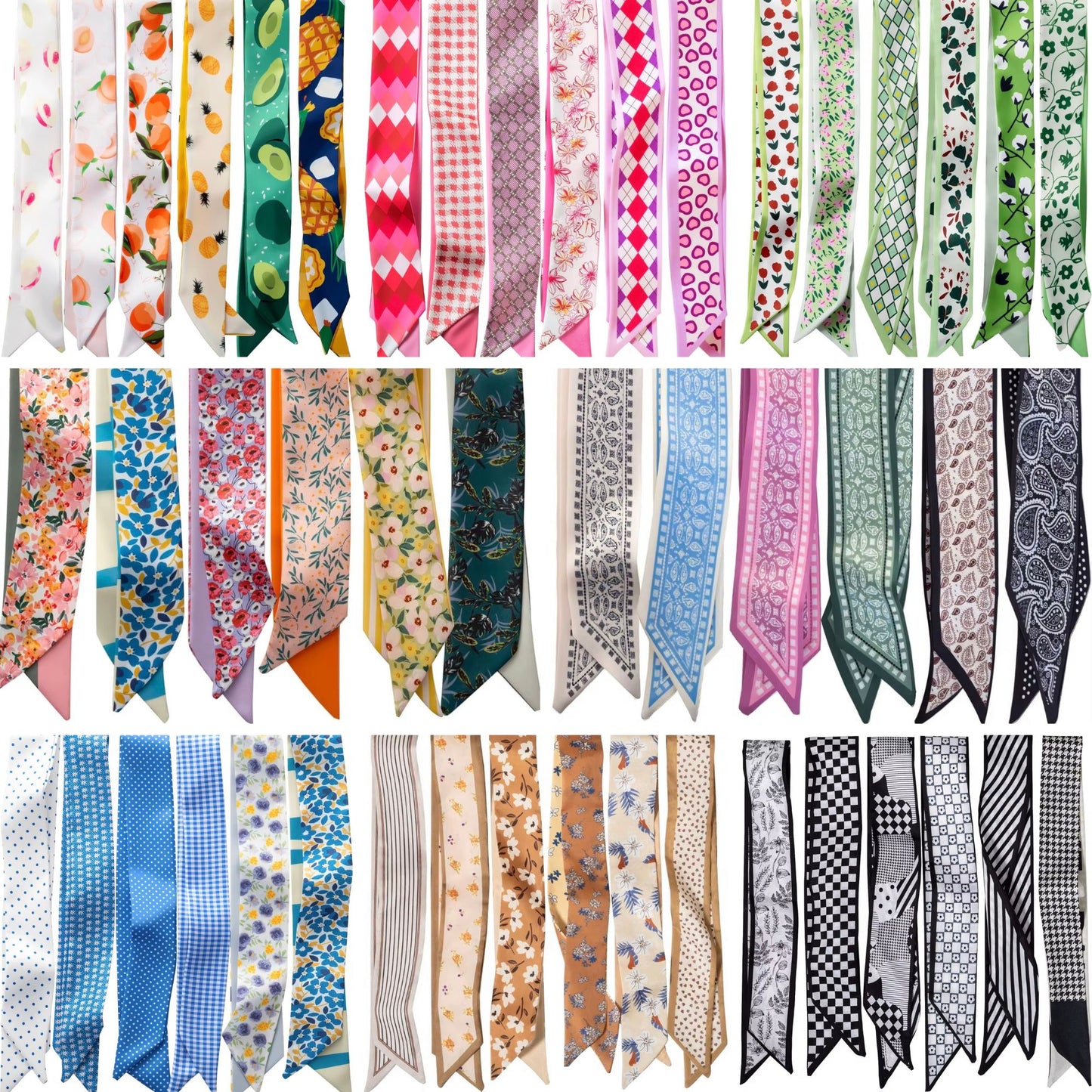 Silky twilly scarves in floral, gingham, checkered, tropical, and geometric prints