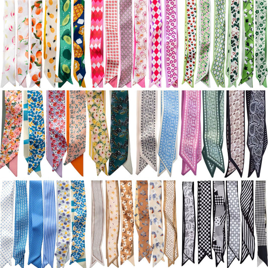 Silky twilly scarves in floral, gingham, checkered, tropical, and geometric prints