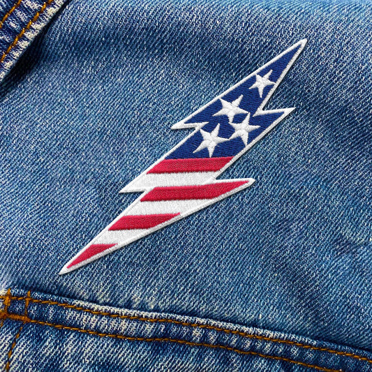 USA Lightning Bolt red white and blue embroidered iron on patch
