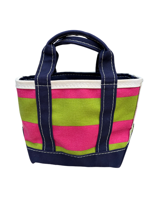 Close-up front view highlighting the vibrant pink and green horizontal rugby striped pattern on the vintage L.L. Bean mini tote.