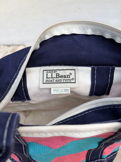 Label of the blue and pink rugby stripe vintage L.L. Bean mini tote.