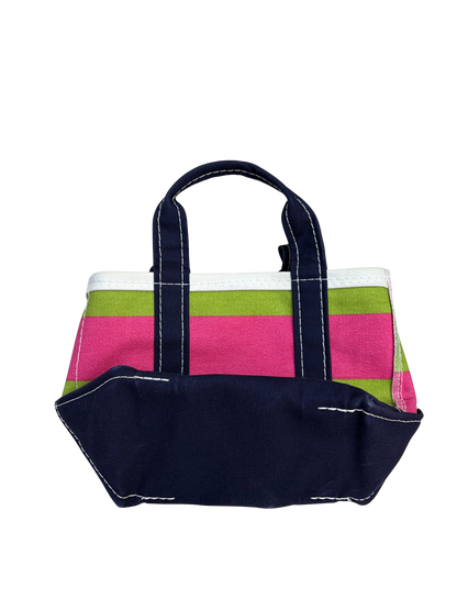 Bottom view of the reverse side of the vintage L.L. Bean mini canvas pink and green rugby stripe tote bag standing completely straight and upright.