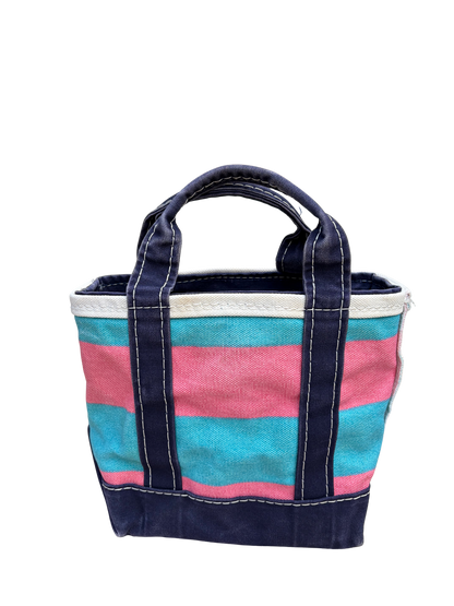  A rare vintage L.L. Bean mini canvas rugby stripe tote bag in blue and pink, showcasing its classic preppy style.