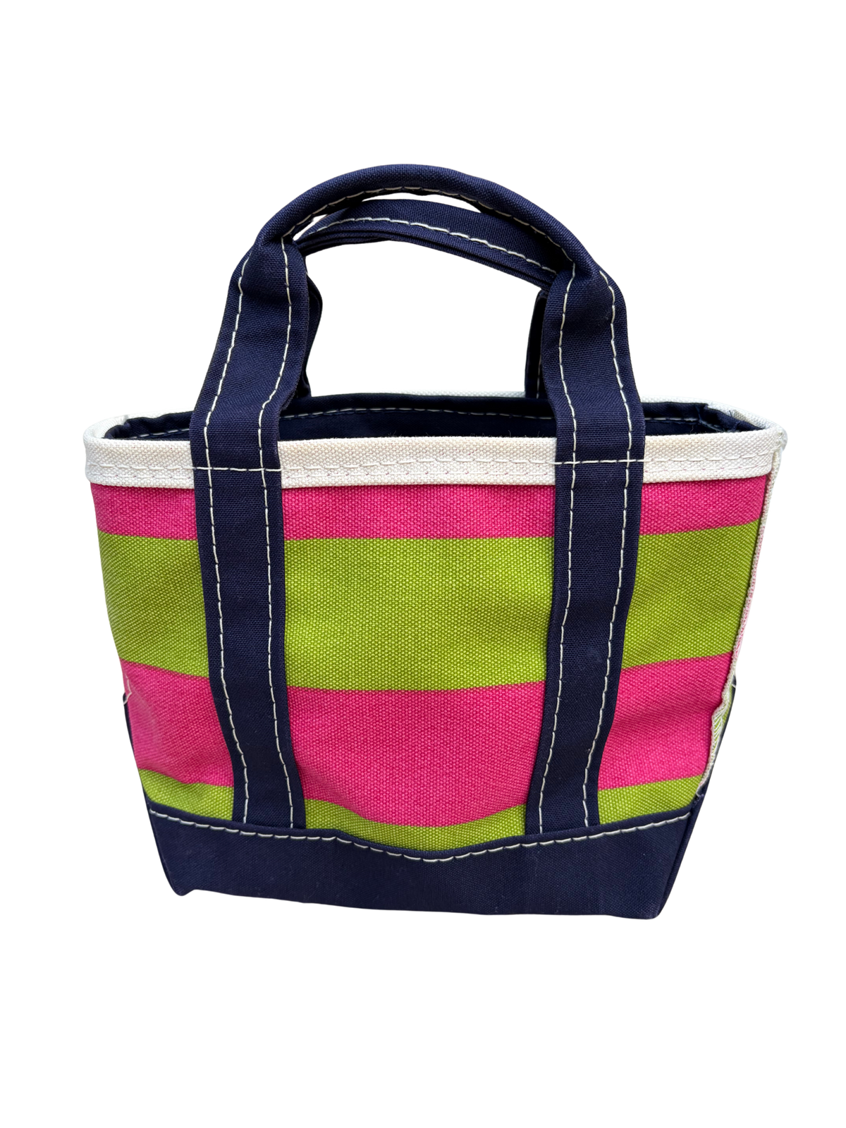 Front view of an authentic vintage L.L. Bean mini canvas boat and tote bag featuring a pink and green rugby stripe pattern with navy handles.