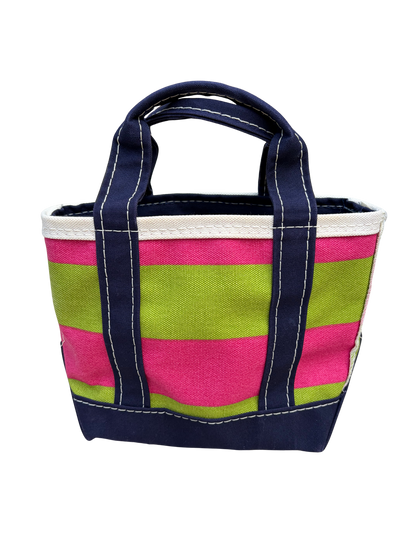 Front view of an authentic vintage L.L. Bean mini canvas boat and tote bag featuring a pink and green rugby stripe pattern with navy handles.