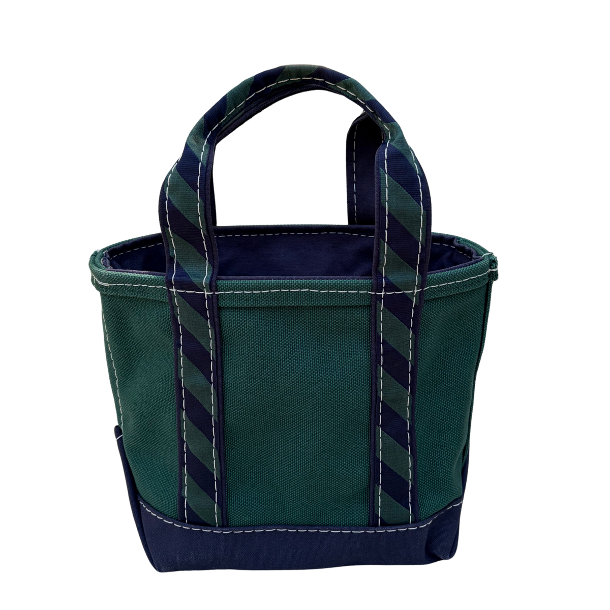 Vintage L.L. Bean navy and green striped tote, back view showing handles and stitching