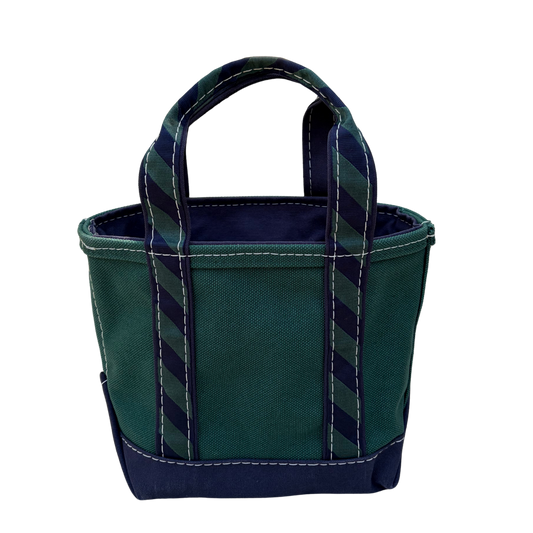 Vintage L.L. Bean navy and green striped tote, back view showing handles and stitching
