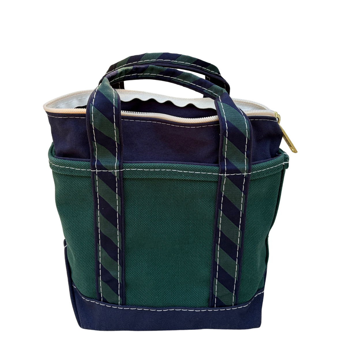 Vintage L.L. Bean navy and green striped tote, open view showing handles and stitching