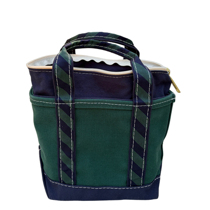 Vintage L.L. Bean navy and green striped tote, open view showing handles and stitching