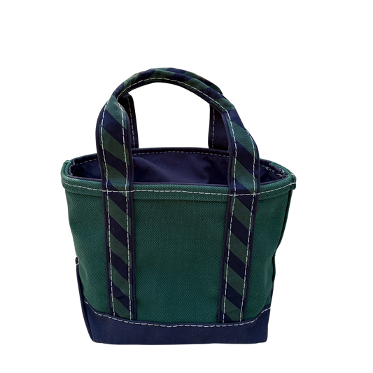 intage L.L. Bean Boat and Tote in navy and forest green regimental stripe, front view