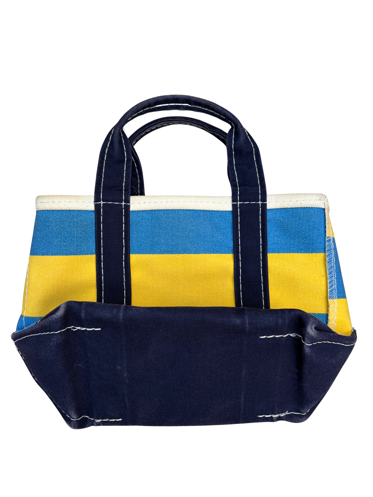  Symmetrical bottom view of Vintage L.L. Bean Tote — Mini Navy and yellow rugby Stripe highlighting the horizontal pattern placement.