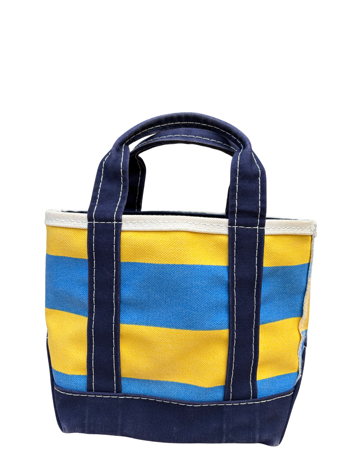 Front full length view of upright Vintage L.L. Bean Tote — Mini Navy and yellow rugby Stripe canvas bag from the Y2K era.