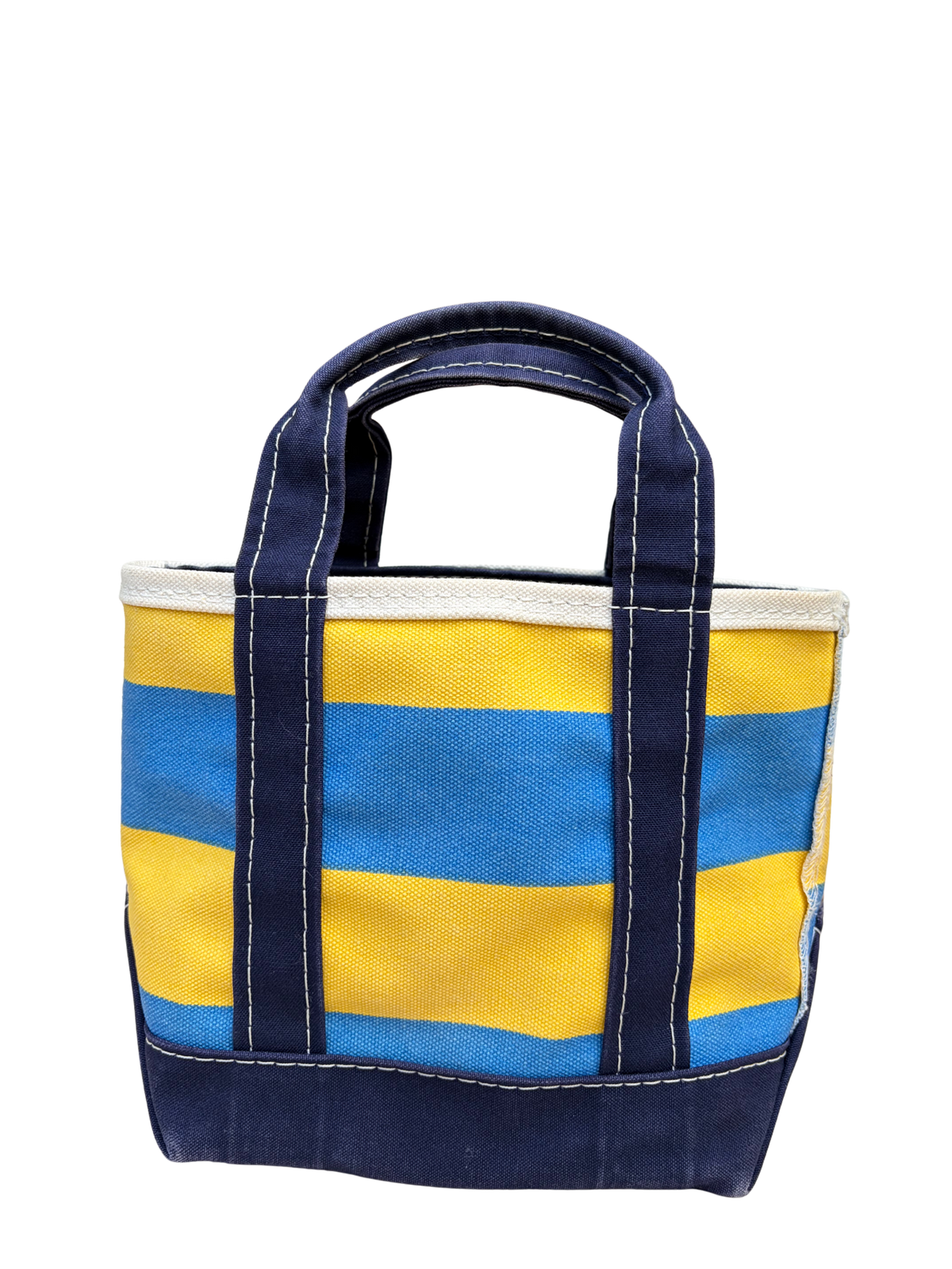Front full length view of upright Vintage L.L. Bean Tote — Mini Navy and yellow rugby Stripe canvas bag from the Y2K era.