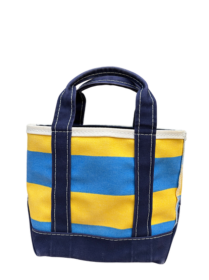 Front full length view of upright Vintage L.L. Bean Tote — Mini Navy and yellow rugby Stripe canvas bag from the Y2K era.