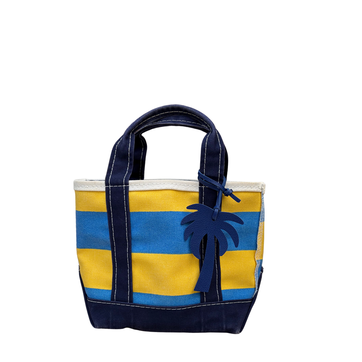 Vintage L.L. Bean mini navy and yellow rugby stripe tote bag featuring a leather palm tree charm accessory on the handle.