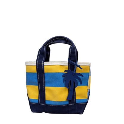 Vintage L.L. Bean mini navy and yellow rugby stripe tote bag featuring a leather palm tree charm accessory on the handle.