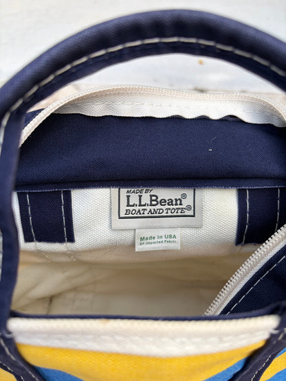 Close-up of the crisp interior L.L. Bean manufacturer label reading Made in Freeport, Maine, USA on a Vintage L.L. Bean Tote — Mini Navy and yellow rugby Stripe.