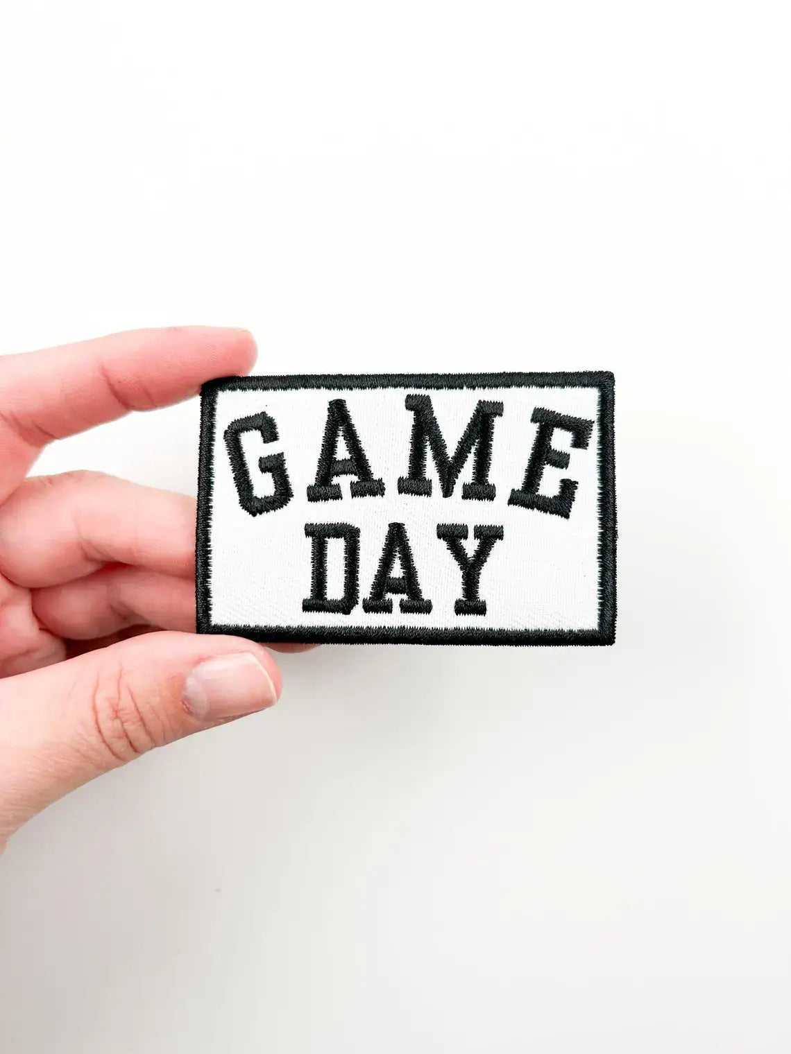 White Game Day black lettering embroidered iron on football patch for tote bags and tailgating