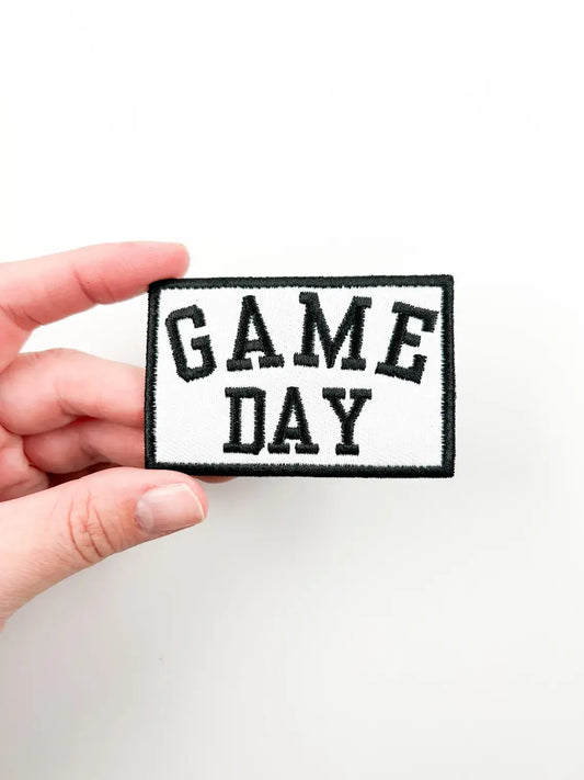 White Game Day black lettering embroidered iron on football patch for tote bags and tailgating