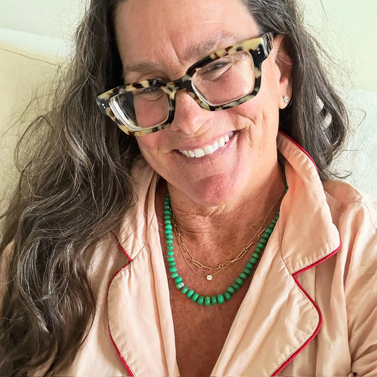 Woman wearing 14K gold Chrysoprase candy Necklace