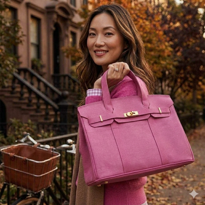 Woman carrying a solid pink Boatkin bag on a city street in fall.