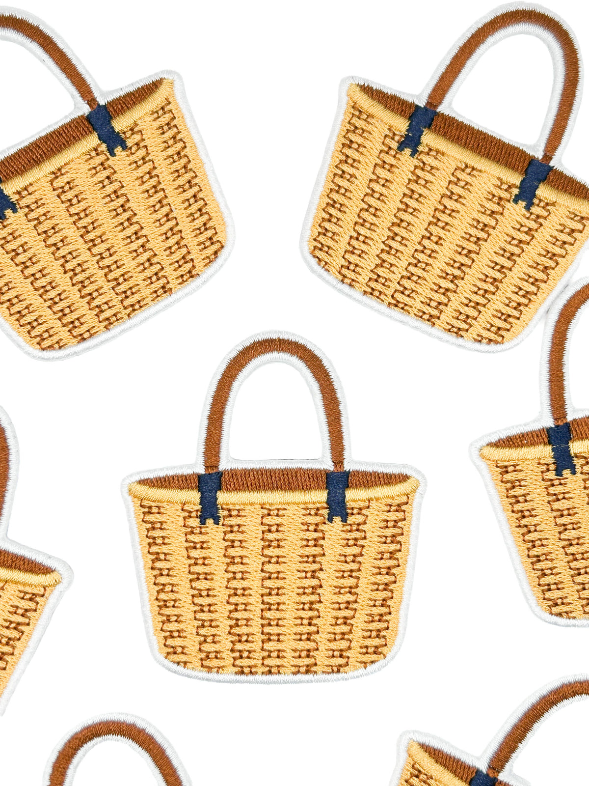 Woven market basket patch in tan with navy details