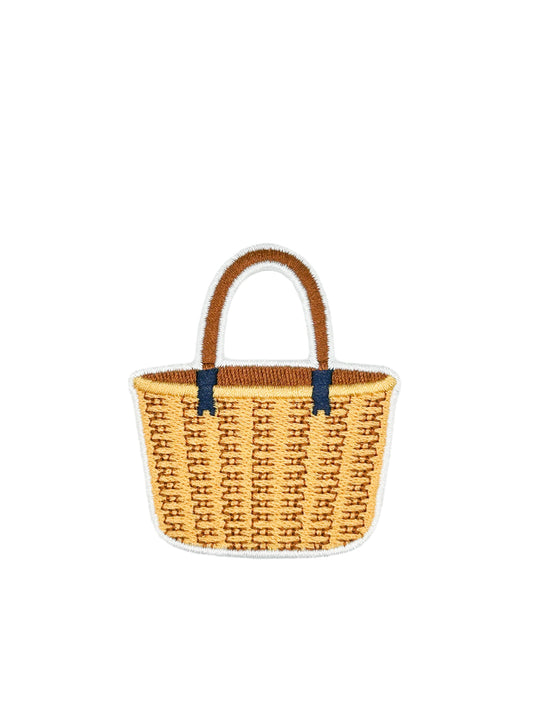 Woven basket embroidered iron-on patch, honey tan with brown handle, 2.5 x 2.75 inches