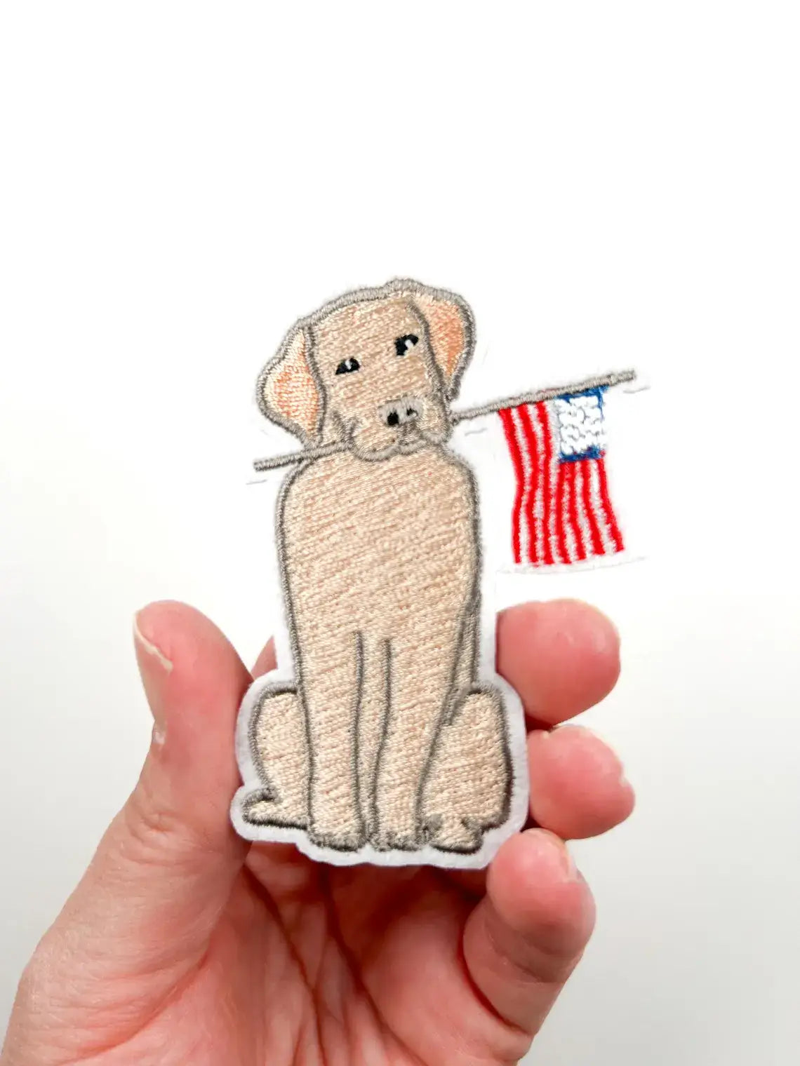 Yellow Labrador iron on patch with American flag, 2x3 inches